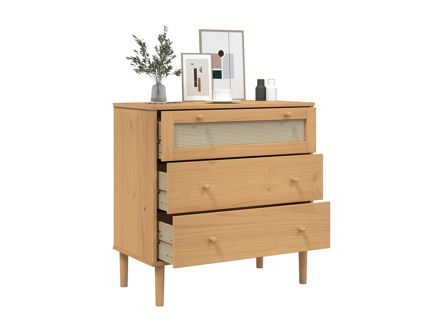 Commode SENJA aspect de rotin marron bois de pin solide