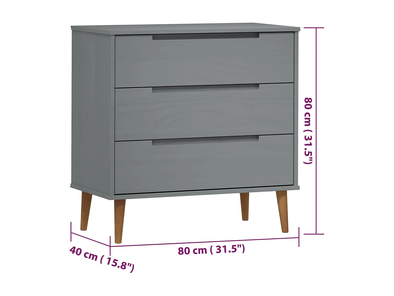 Cômoda MOLDE cinza 80x40x80 cm Madeira maciça de pinho