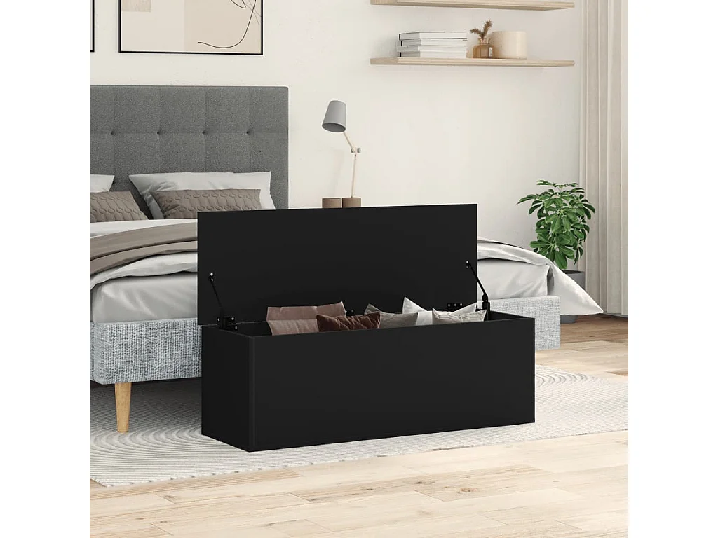 Caixa de armazenamento preta 102x35x35 cm madeira trabalhada