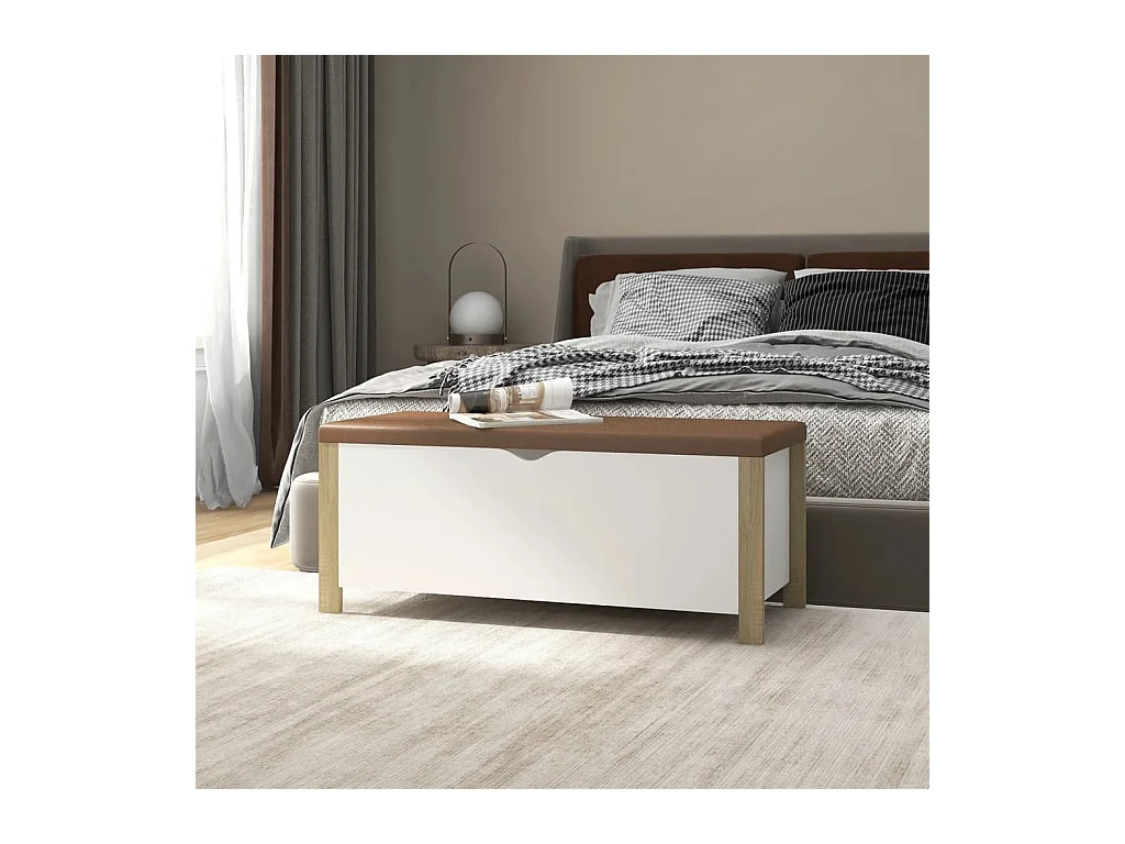 Boîte de rangement et coussin Blanc/chêne 105x40x45cm Aggloméré