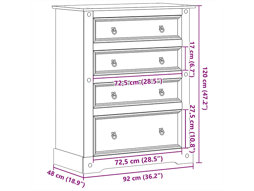 Cómoda Corona 92x48x120 cm madera maciza de pino