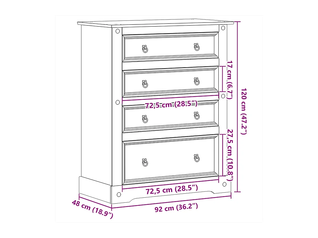 Commode Corona 92x48x120 cm bois massif de pin