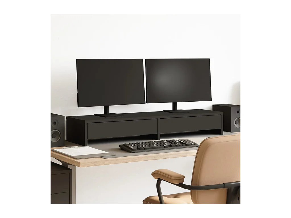 Support de moniteur avec tiroirs noir bois d'ingénierie