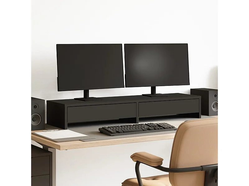 Suporte para monitor com gavetas em madeira preta