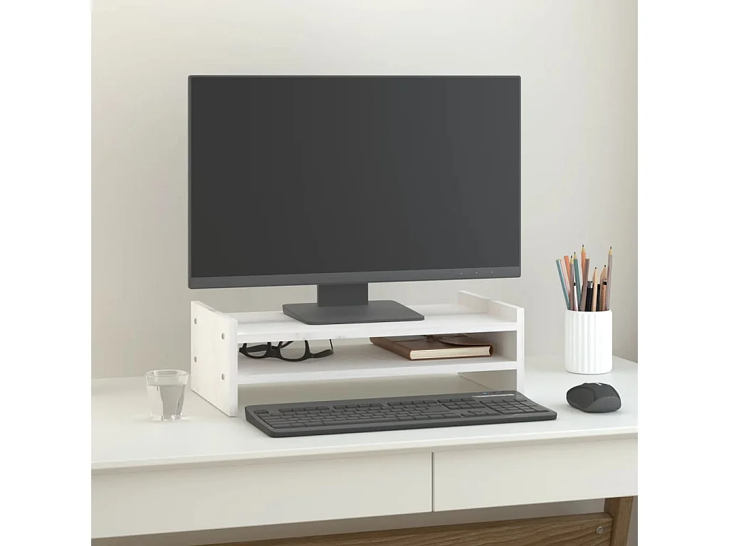 Supporto per monitor Bianco 50x27x15 cm Legno di pino massiccio