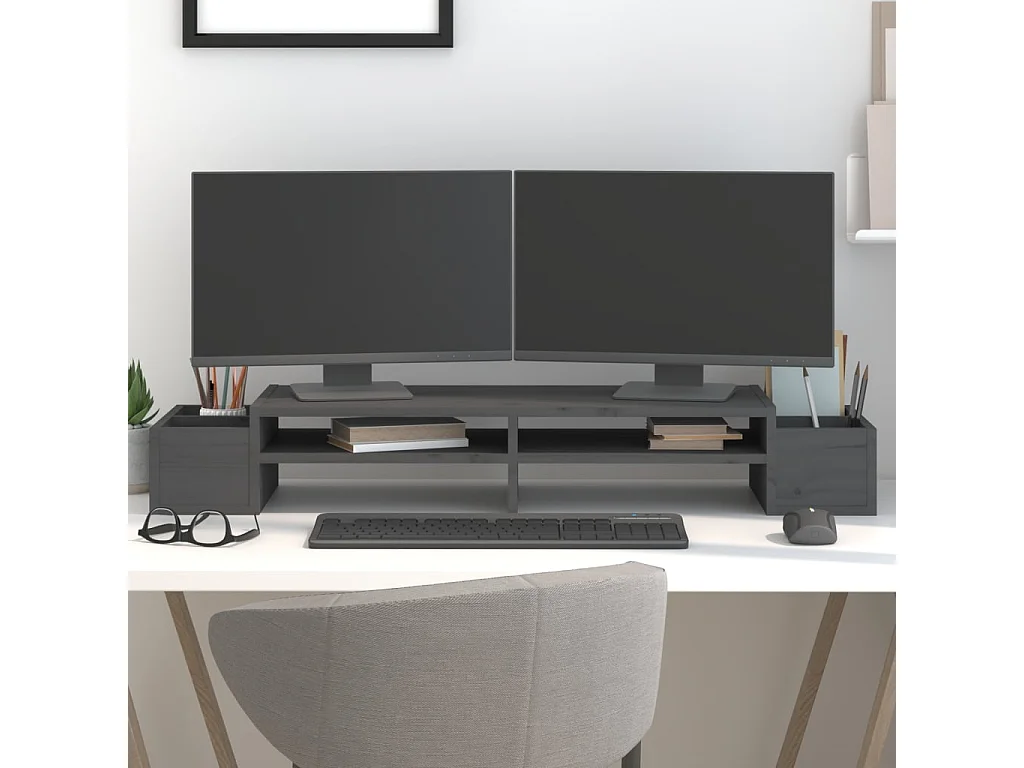 Suporte para monitor Cinza 100x27,5x15 cm Madeira maciça de pinho