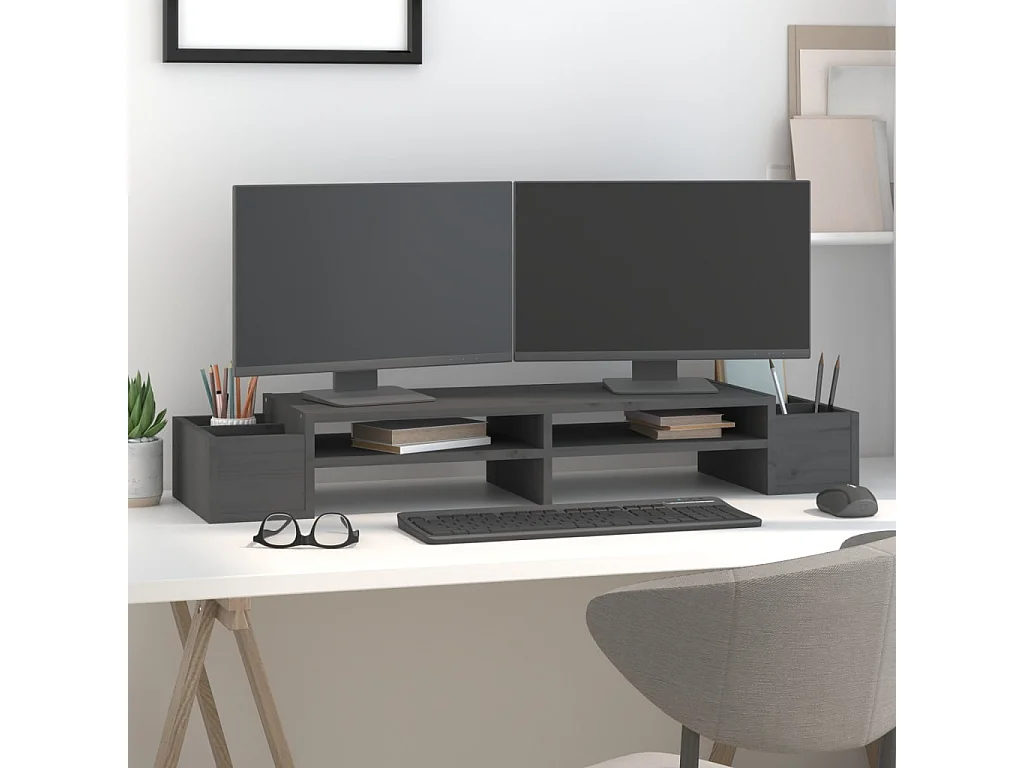 Suporte para monitor Cinza 100x27,5x15 cm Madeira maciça de pinho
