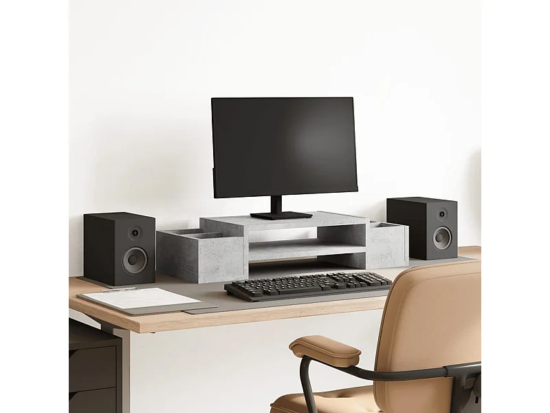 Support de moniteur avec rangement gris béton bois d'ingénierie