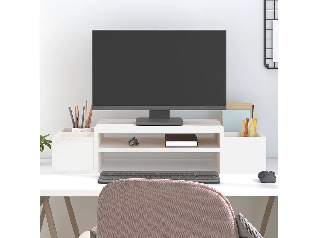 Soporte para monitor Blanco 70x27,5x15 cm Madera maciza de pino