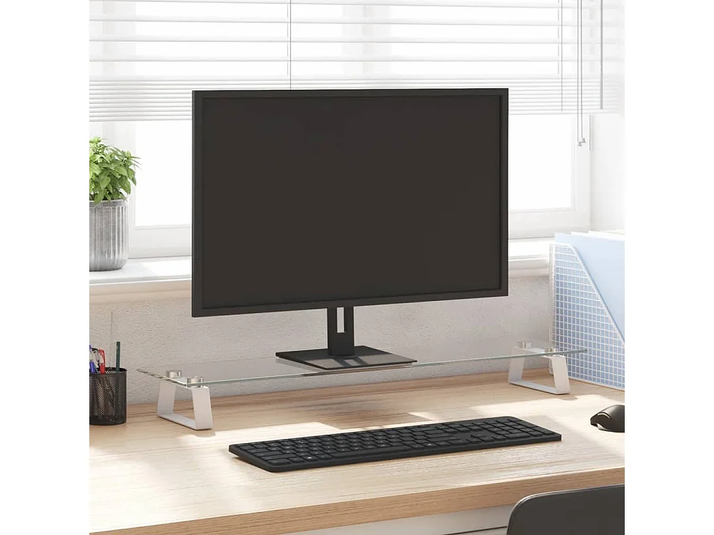 Weißer Monitorständer 80x20x8 cm aus gehärtetem Glas und Metall