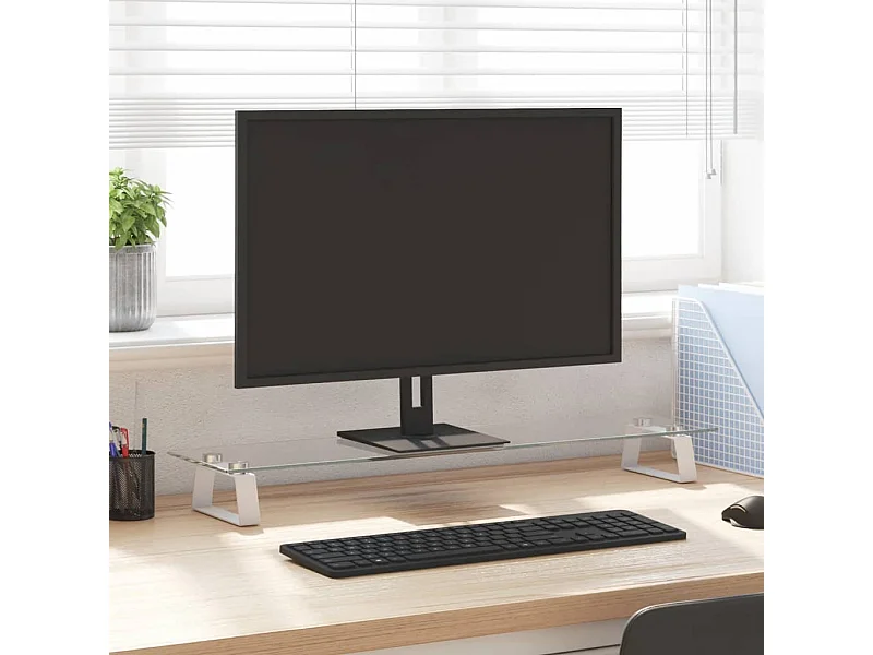 Weißer Monitorständer 80x20x8 cm aus gehärtetem Glas und Metall