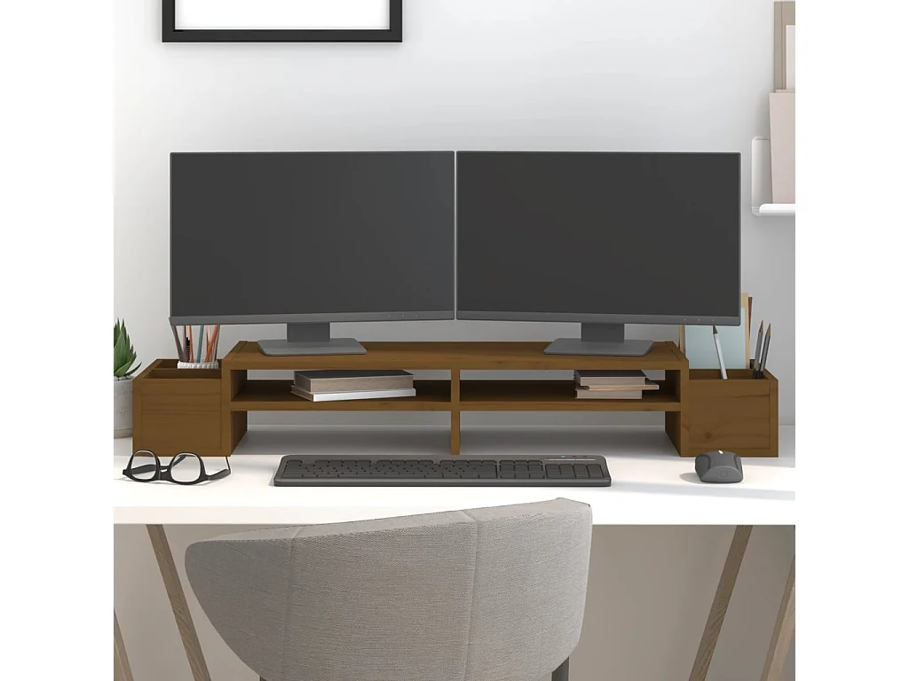 Soporte para monitor Marrón miel 100x27,5x15 cm Madera maciza de pino