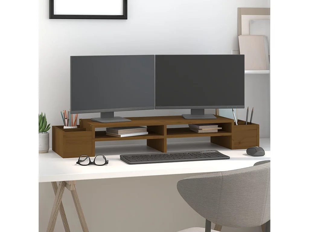 Soporte para monitor Marrón miel 100x27,5x15 cm Madera maciza de pino