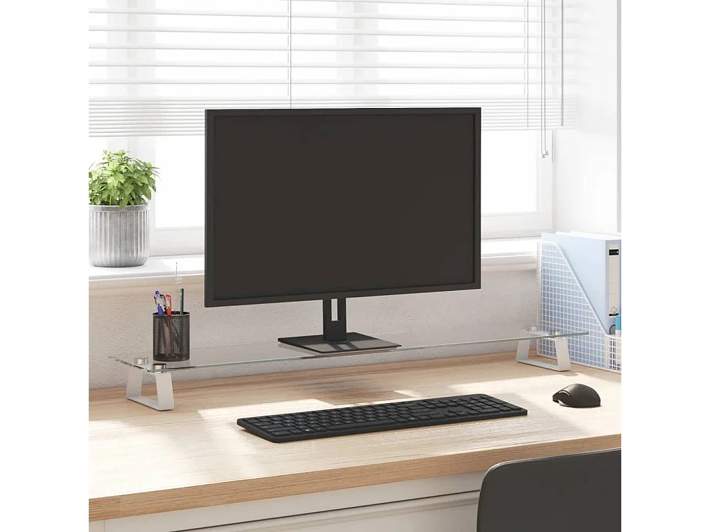 Suporte para monitor branco 100x20x8 cm vidro temperado e metal