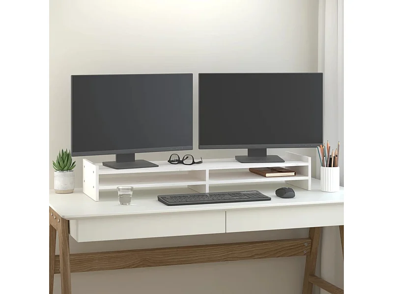 Suporte para monitor Branco 100x27x15 cm Madeira maciça de pinho