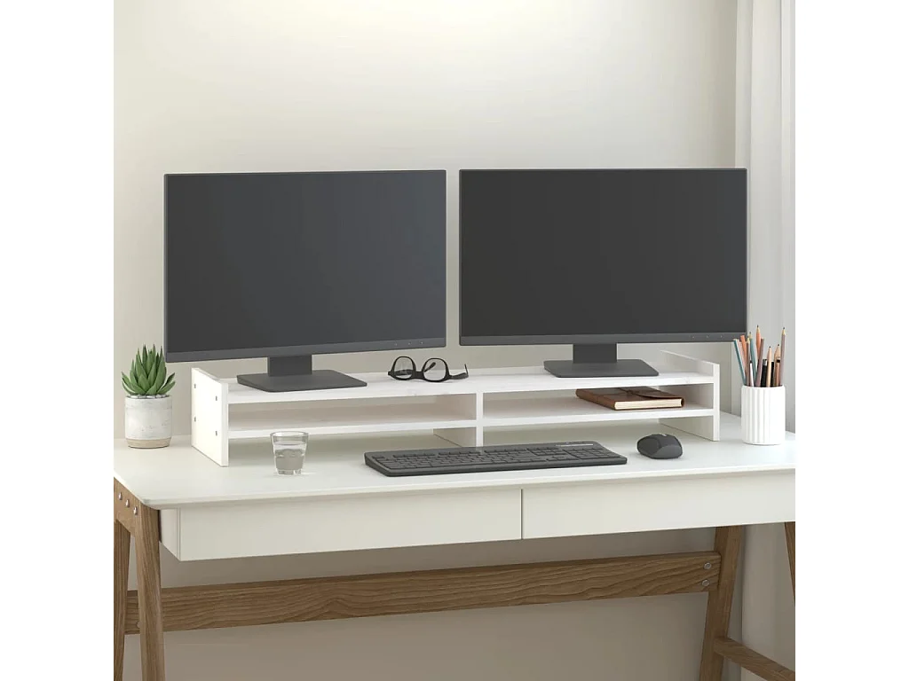 Suporte para monitor Branco 100x27x15 cm Madeira maciça de pinho
