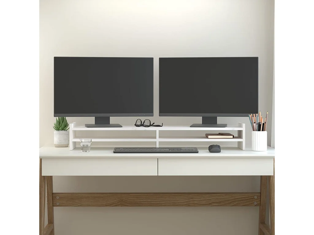 Suporte para monitor Branco 100x27x15 cm Madeira maciça de pinho