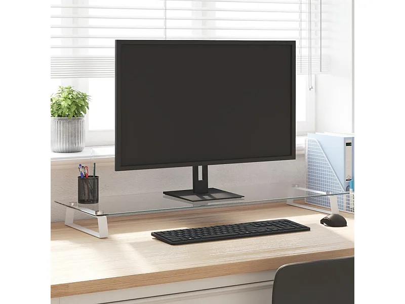 Weißer Monitorständer 100x35x8 cm aus gehärtetem Glas und Metall