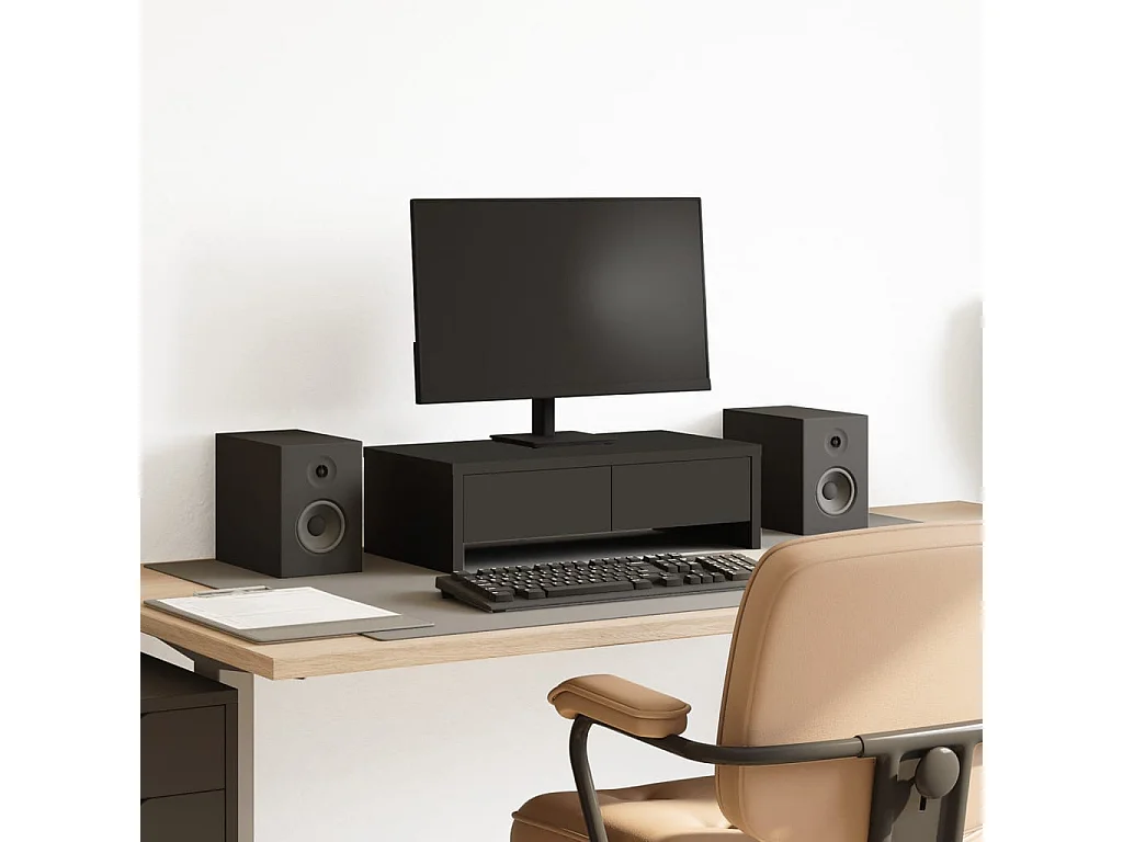 Support de moniteur avec tiroirs noir bois d'ingénierie