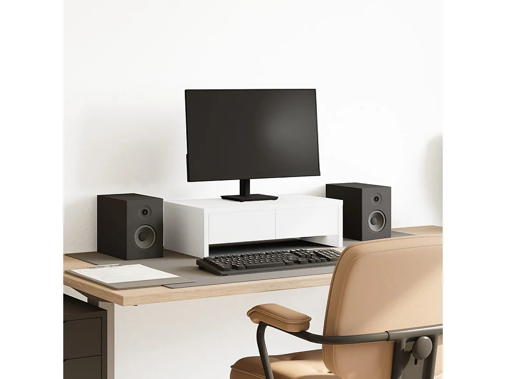 Support de moniteur avec tiroirs blanc bois d'ingénierie