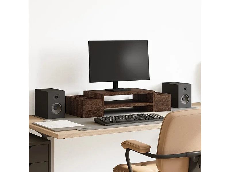 Suporte para monitor e armazenamento em madeira de carvalho marrom