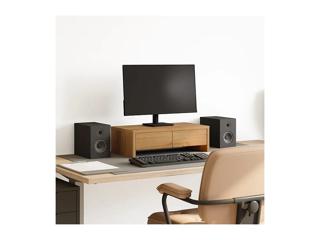 Support de moniteur et tiroirs chêne artisanal bois ingénierie