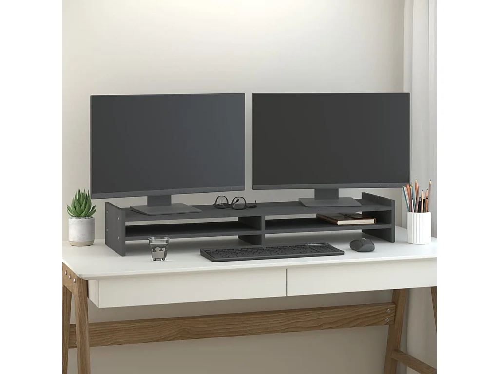 Suporte para monitor Cinza 100x27x15 cm Madeira maciça de pinho