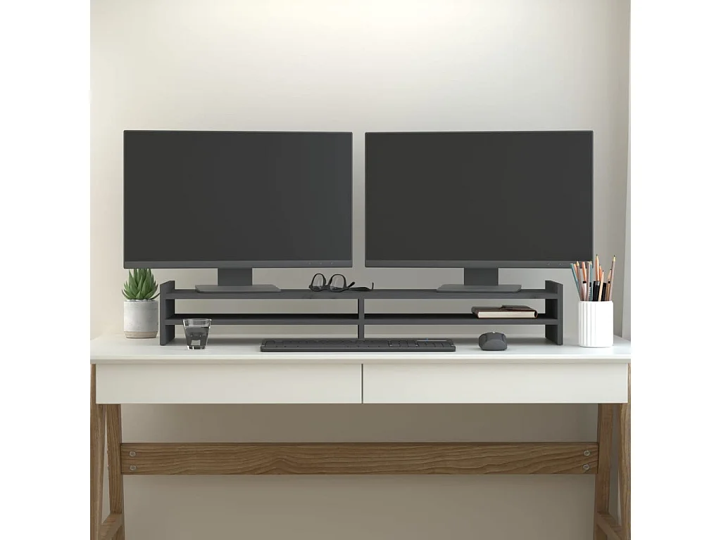 Suporte para monitor Cinza 100x27x15 cm Madeira maciça de pinho