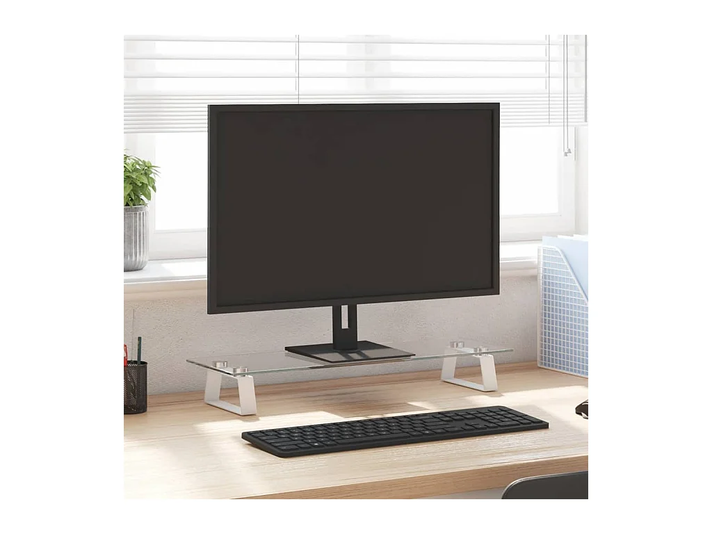 Weißer Monitorständer 60x20x8 cm aus gehärtetem Glas und Metall