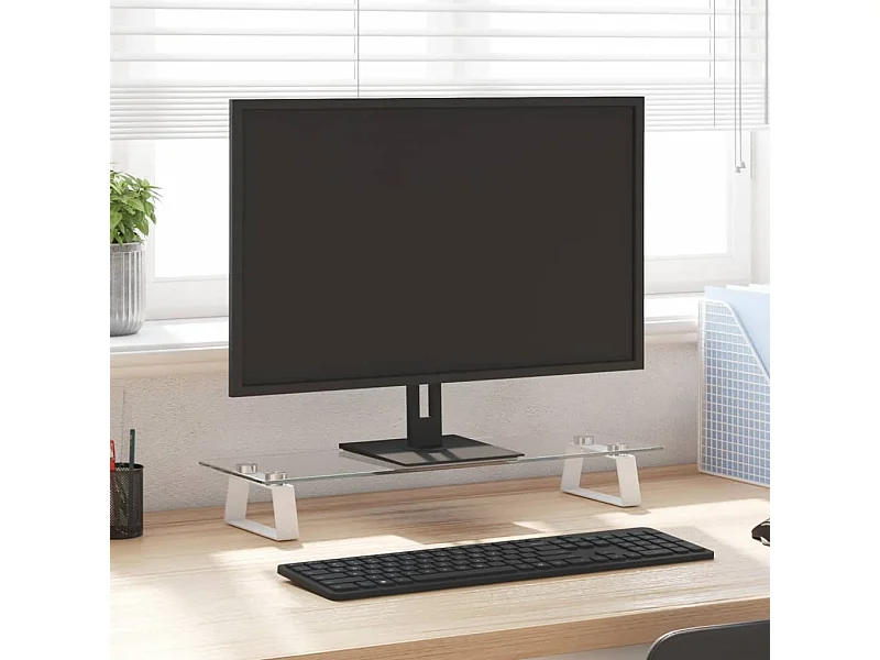 Weißer Monitorständer 60x20x8 cm aus gehärtetem Glas und Metall