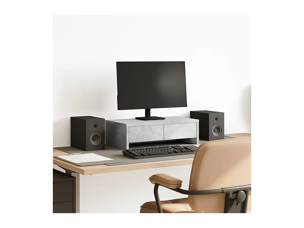 Supporto per monitor con cassetti in derivati del cemento grigio cemento