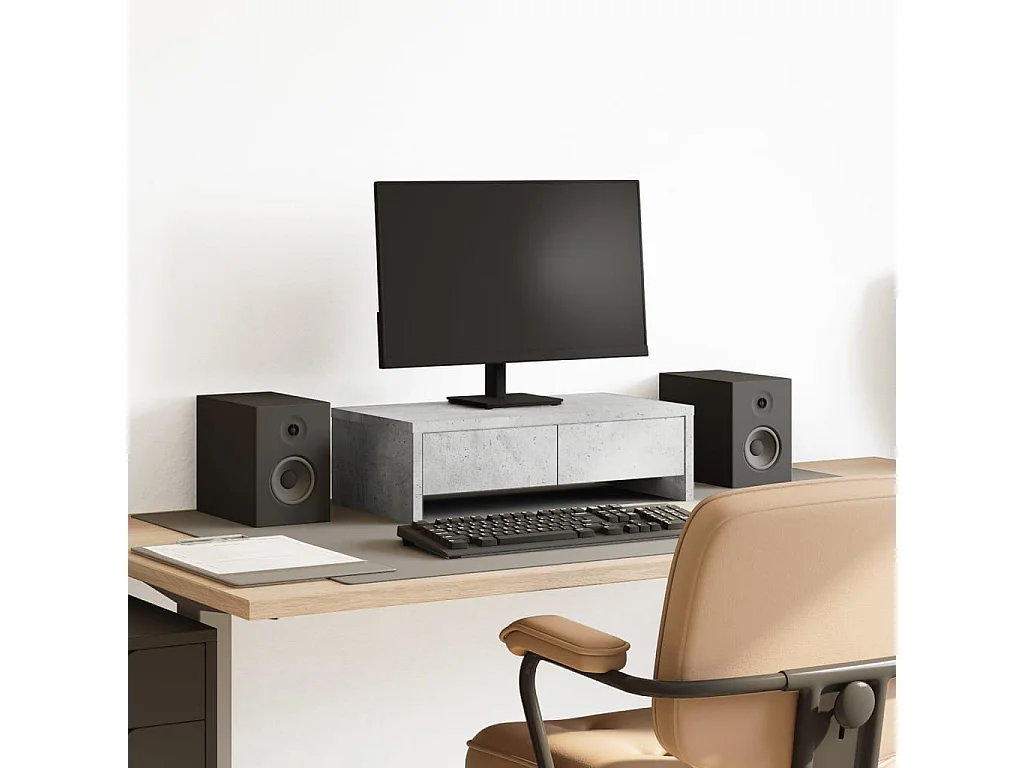 Support de moniteur avec tiroirs gris béton bois d'ingénierie