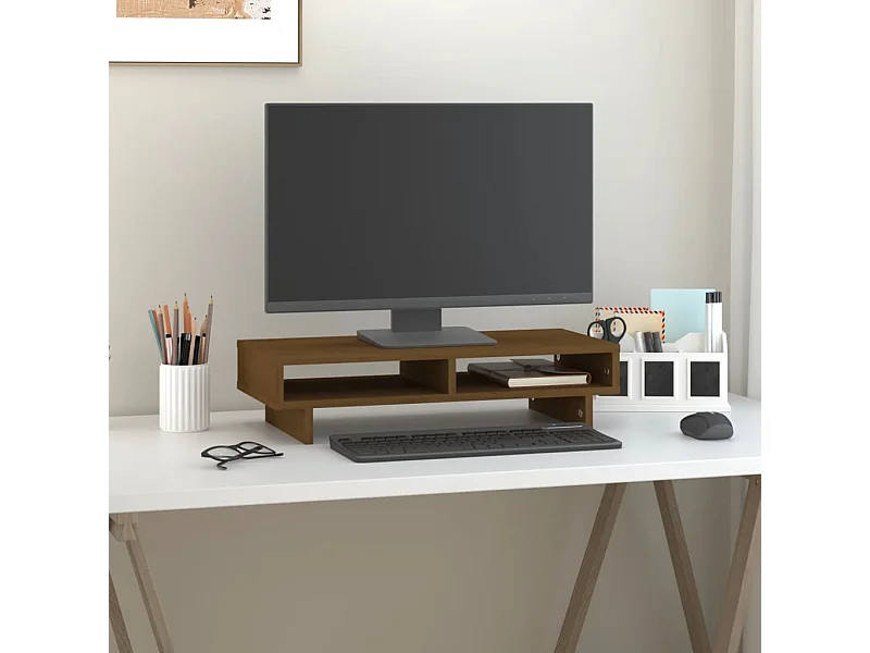 Supporto per monitor Marrone miele 60x27x14 cm Legno di pino massiccio