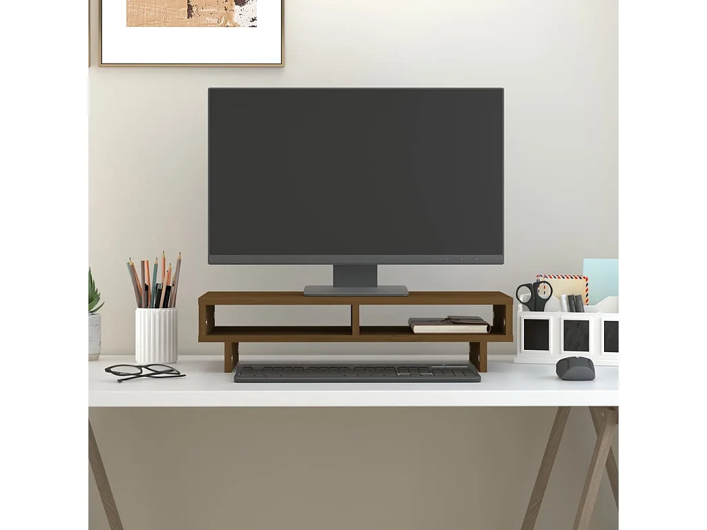 Soporte para monitor Marrón miel 60x27x14 cm Madera maciza de pino
