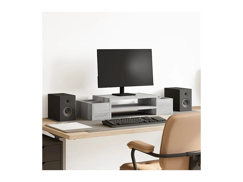 Supporto per monitor e contenitore in pannelli di MDF grigio Sonoma