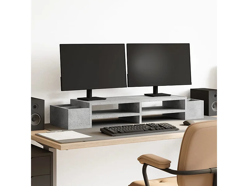 Support de moniteur avec rangement gris béton bois d'ingénierie