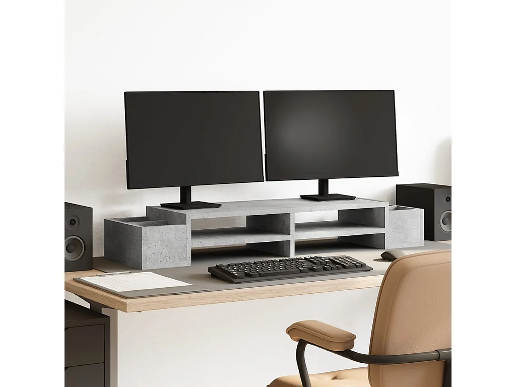 Support de moniteur avec rangement gris béton bois d'ingénierie