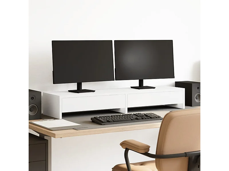 Monitorständer mit Schubladen aus weißem Holzwerkstoff