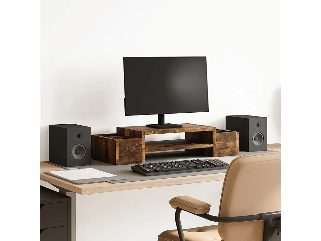 Support de moniteur avec rangement chêne fumé bois d'ingénierie