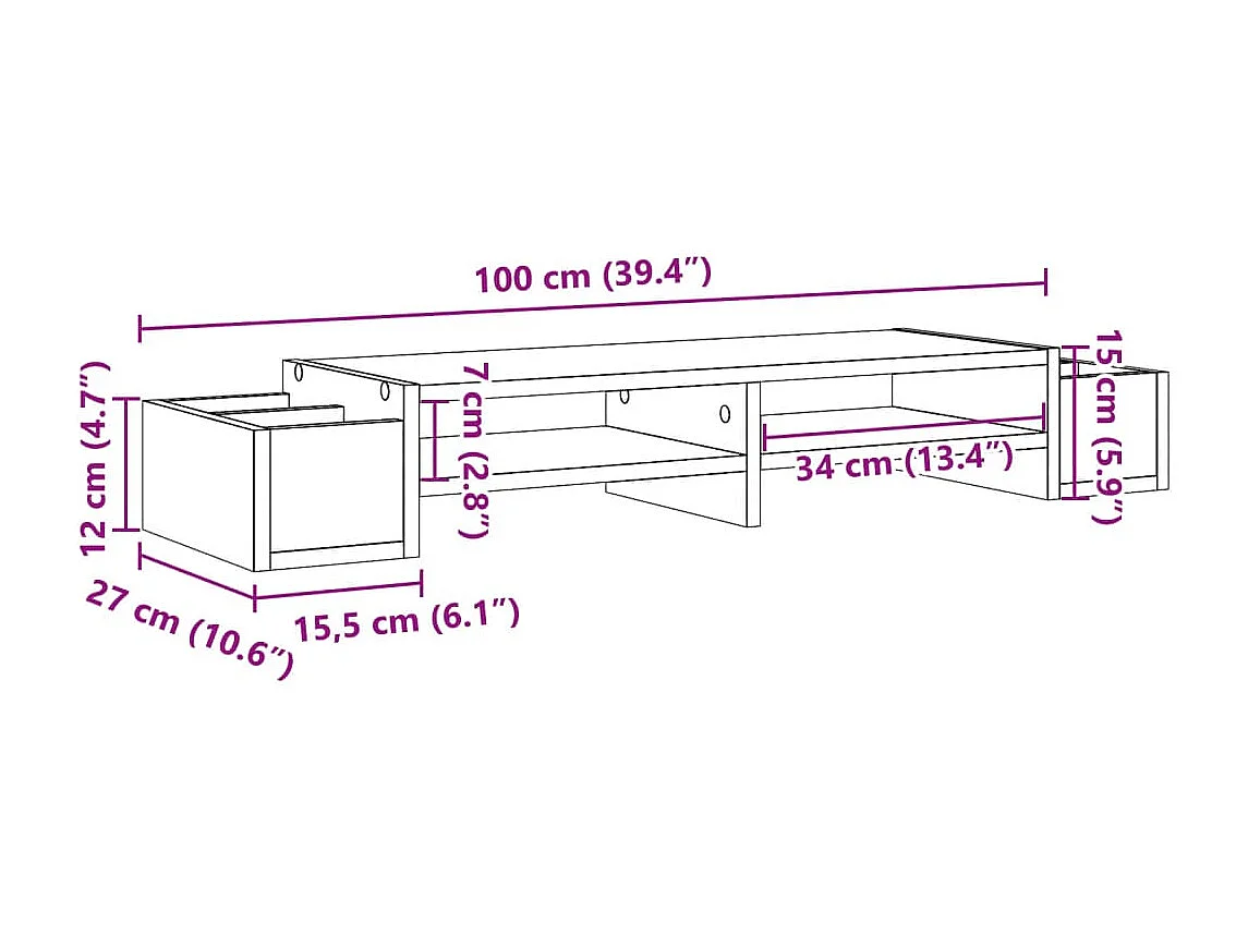 Portamonitor con contenitore rovere artigianale 100x27x15 cm