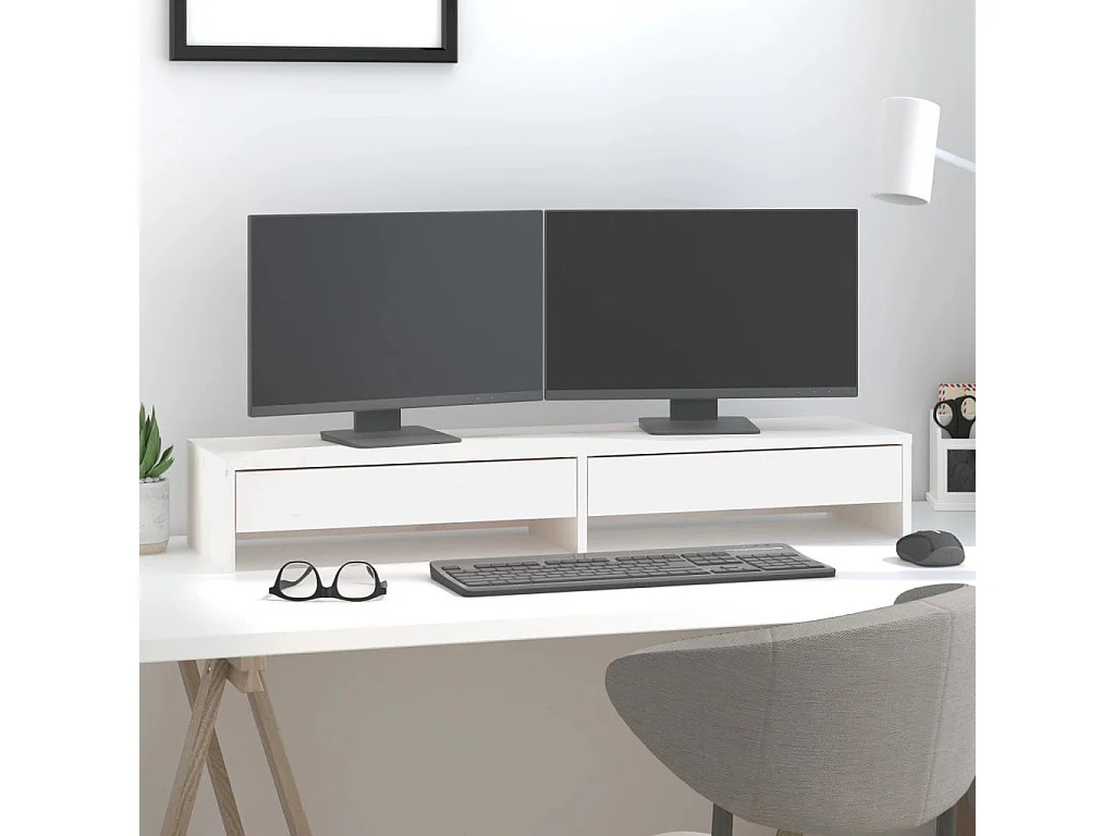 Suporte para monitor Branco 100x27x15 cm Madeira maciça de pinho