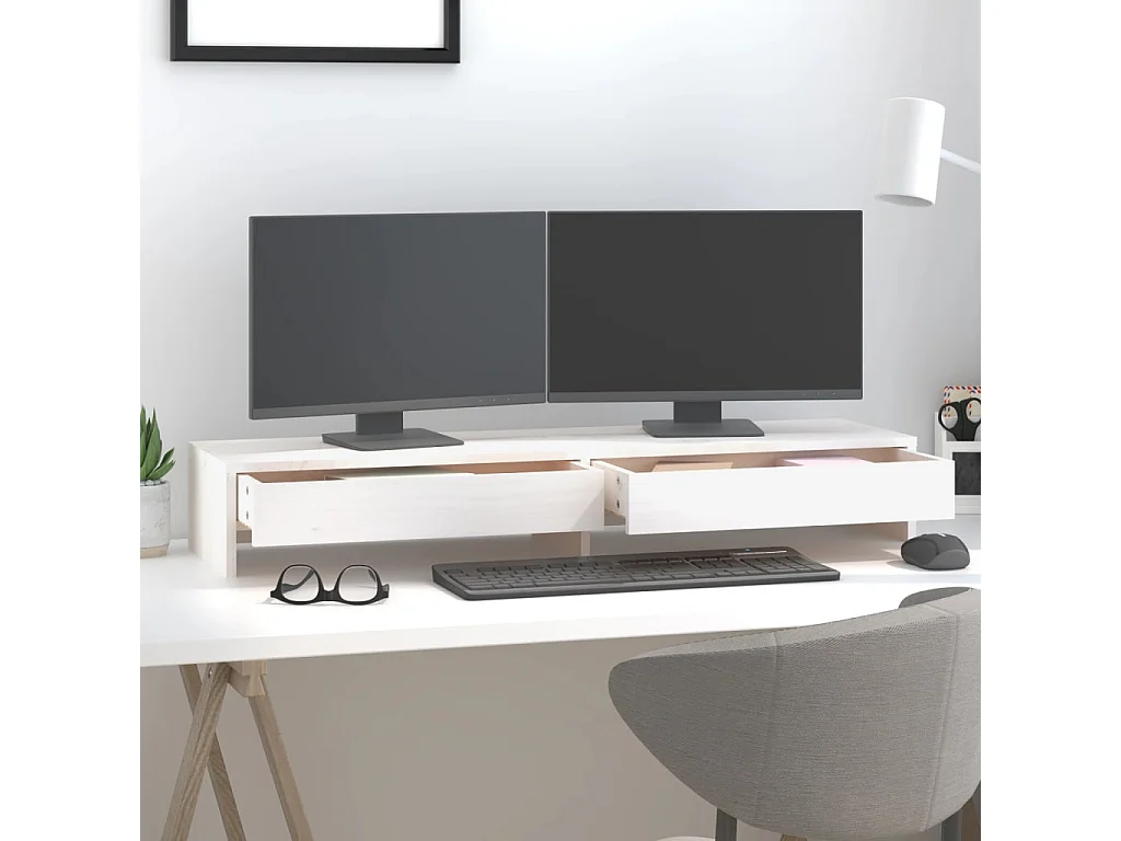 Suporte para monitor Branco 100x27x15 cm Madeira maciça de pinho