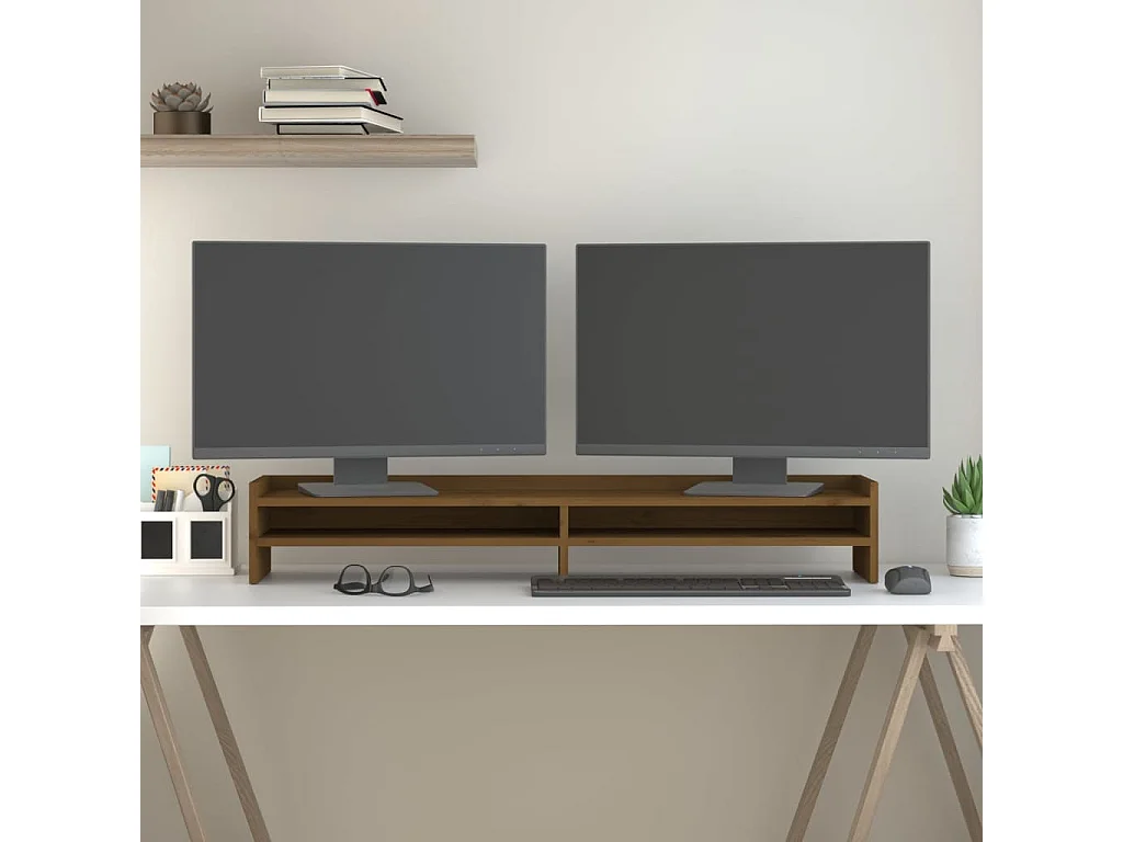 Soporte para monitor Marrón miel 100x24x16 cm Madera maciza de pino