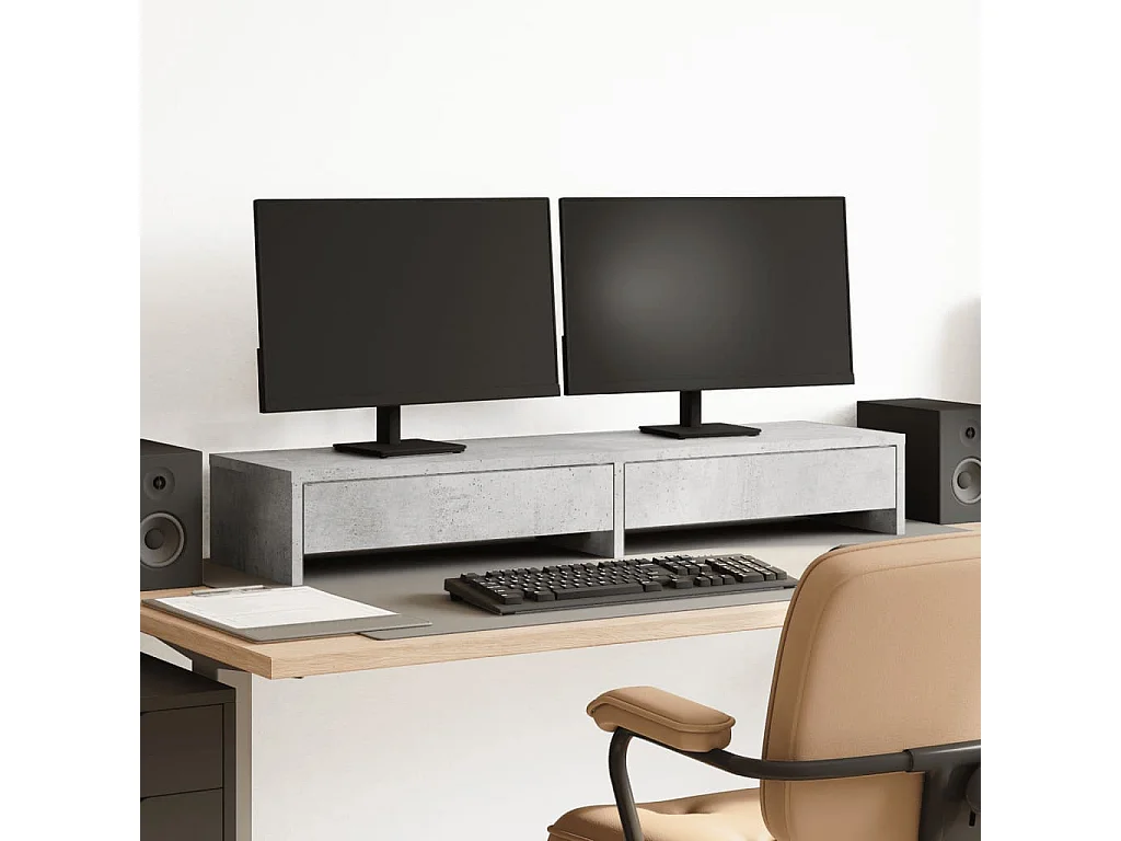 Support de moniteur avec tiroirs gris béton bois d'ingénierie