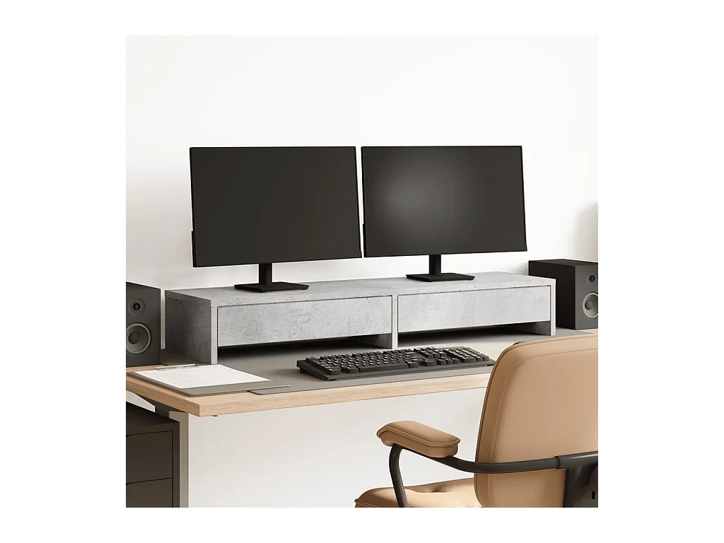 Supporto per monitor con cassetti in derivati del cemento grigio cemento