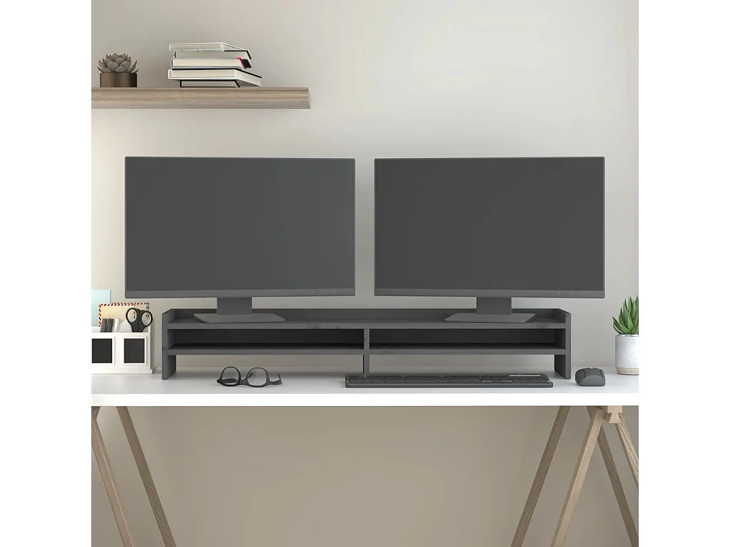 Monitorstandaard Grijs 100x24x16 cm Massief grenenhout