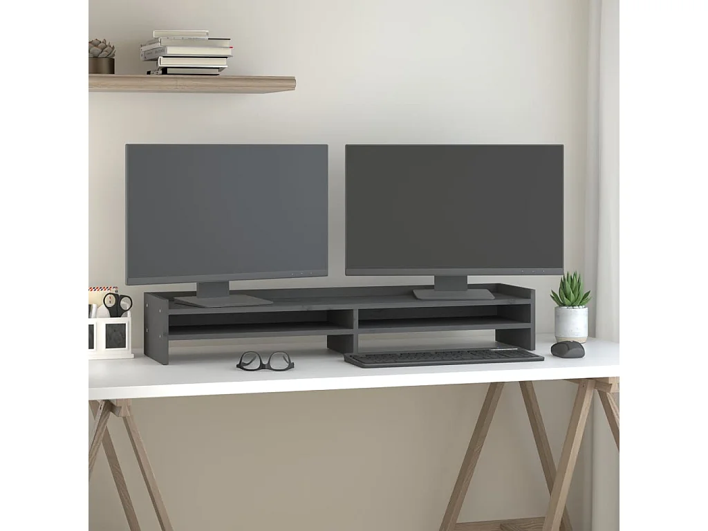 Monitorstandaard Grijs 100x24x16 cm Massief grenenhout