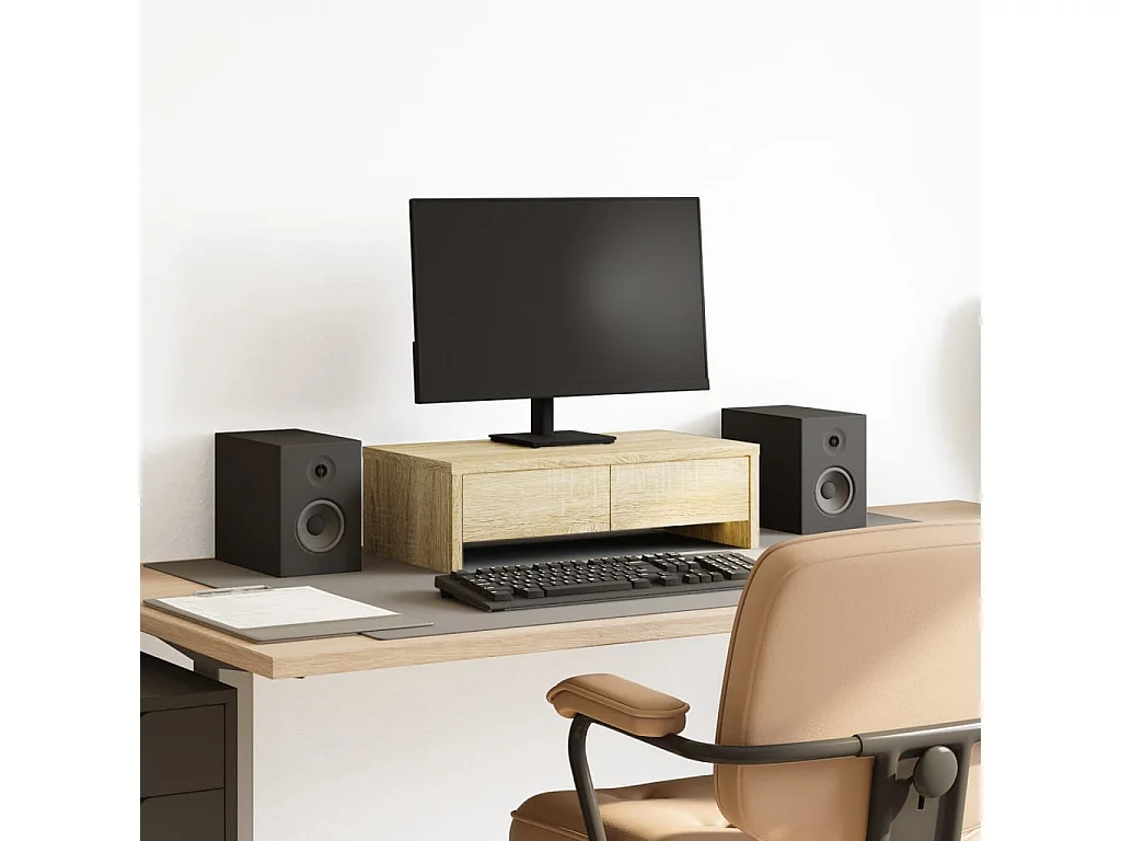 Soporte para monitor con cajones de madera contrachapada de roble sonoma