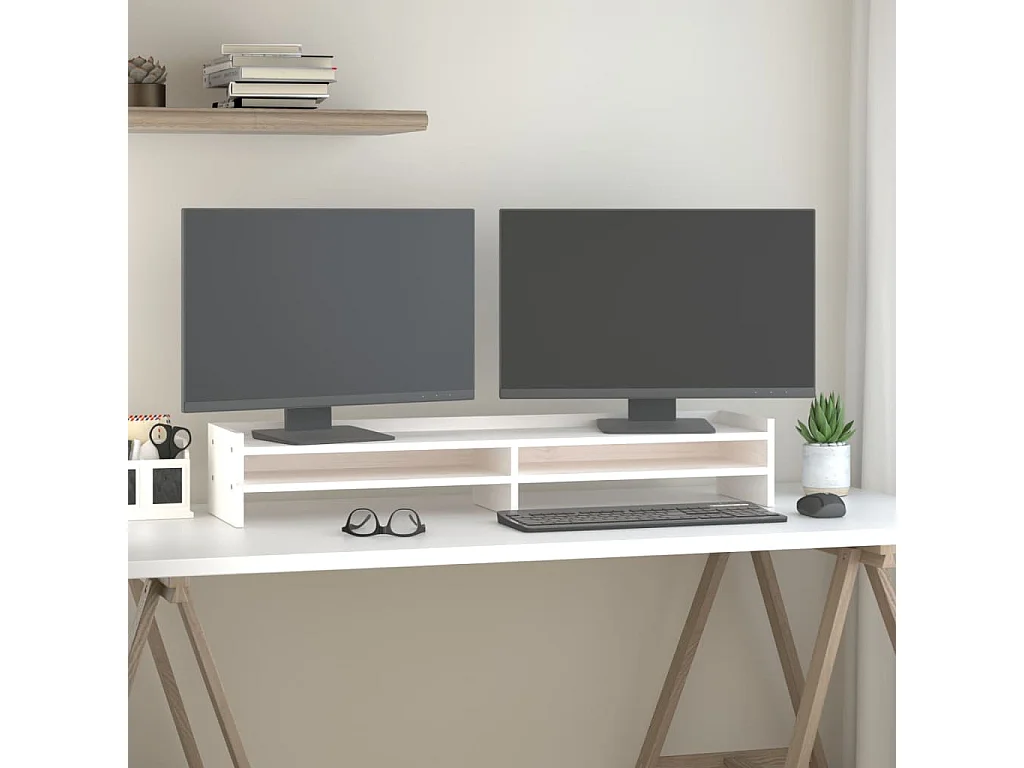 Monitorständer Weiß 100x24x16 cm Massives Kiefernholz