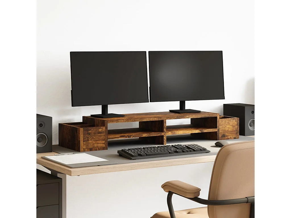 Suporte para monitor com armazenamento em madeira projetada de carvalho fumê